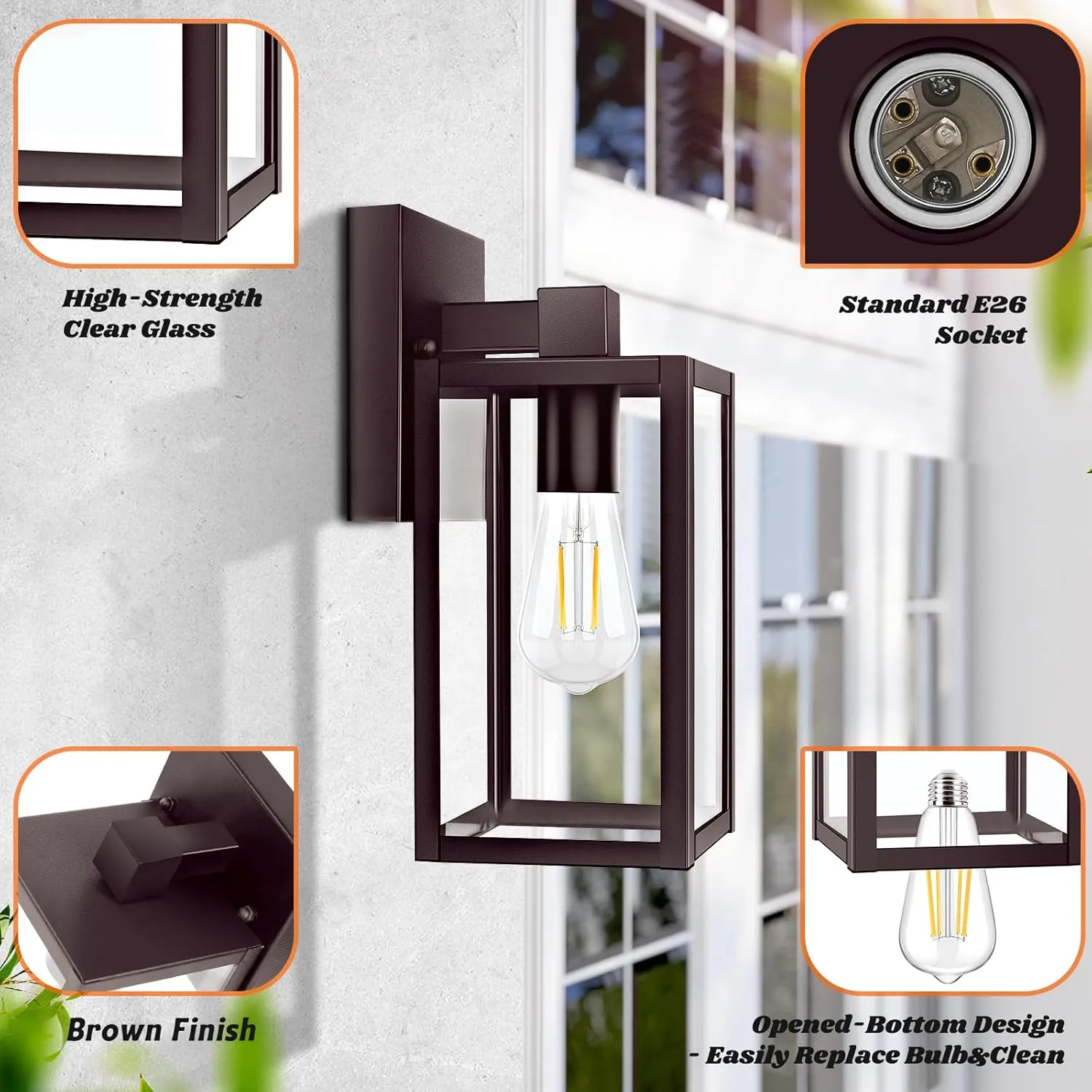 2-Pack Outdoor Wall Lights, Waterproof Exterior Wall Sconce Outdoor Light Fixtures, Brown Outside Wall Lantern with Clear Glass for House, Porch, Front Door, Garage, Patio, Bulbs Not Included