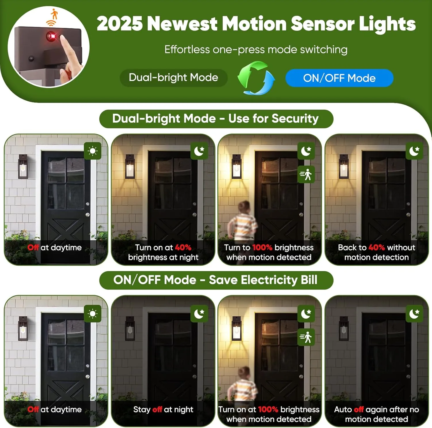 2-Pack Upgraded Motion Sensor Outdoor Wall Lights, 13” Dusk to Dawn Porch Lights Outdoor Wall Sconce Lanterns, 3 Lighting Modes Exterior Lighting Fixtures, Brown Outside Lights for House Patio Garage