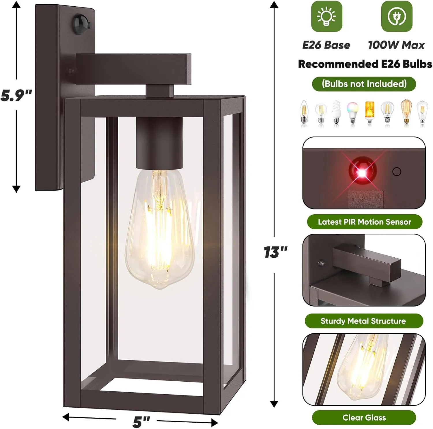 2-Pack Upgraded Motion Sensor Outdoor Wall Lights, 13” Dusk to Dawn Porch Lights Outdoor Wall Sconce Lanterns, 3 Lighting Modes Exterior Lighting Fixtures, Brown Outside Lights for House Patio Garage
