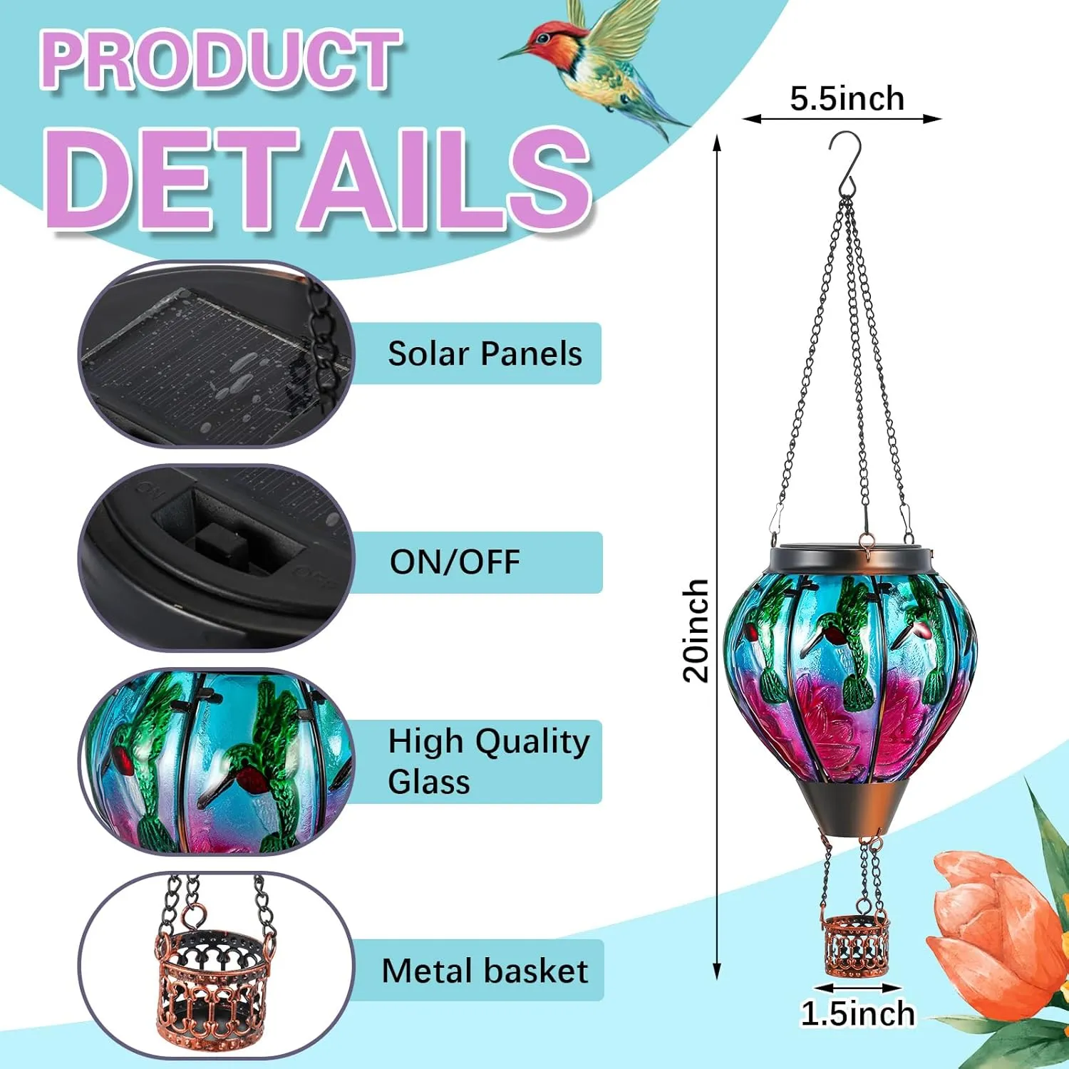 2 Pcs Glass Hot Air Balloon Solar Lantern with Flickering Flame Hummingbird Outdoor Garden Decor Waterproof Hot Air Balloon Flame Lantern for Lawn Porch Yard 20Inch