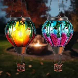 2 Pcs Glass Hot Air Balloon Solar Lantern with Flickering Flame Hummingbird Outdoor Garden Decor Waterproof Hot Air Balloon Flame Lantern for Lawn Porch Yard 20Inch