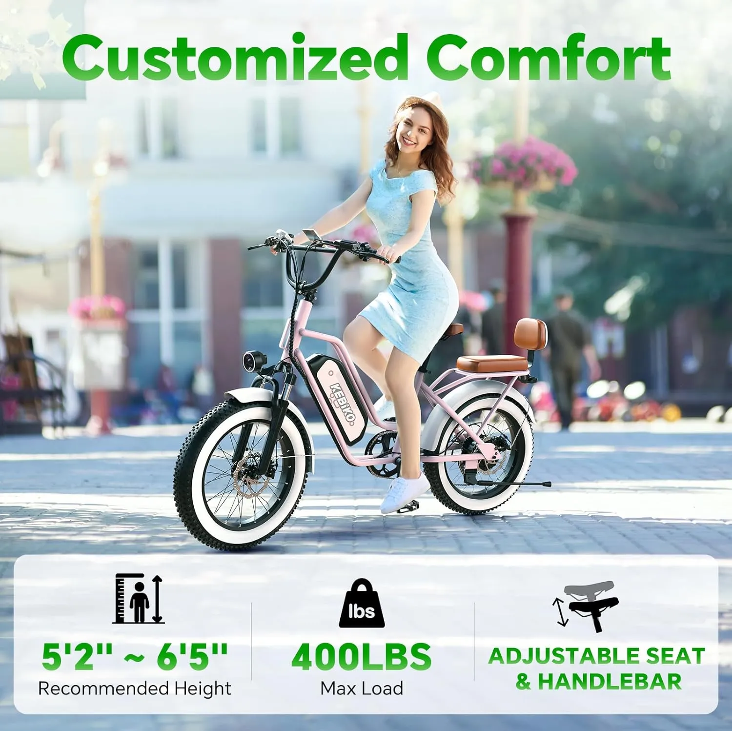 2 Seater Electric Bike, 48V 20AH(𝟗𝟔𝟎𝐖𝐇) Large Removable Battery, 𝟏𝟑𝟎𝟎𝐖 Peak Motor, 20"x 4.0" Fat Tire Ebike for Adults, 80 Miles Max,30 MPH, City Couple E Bike,with Folding Basket