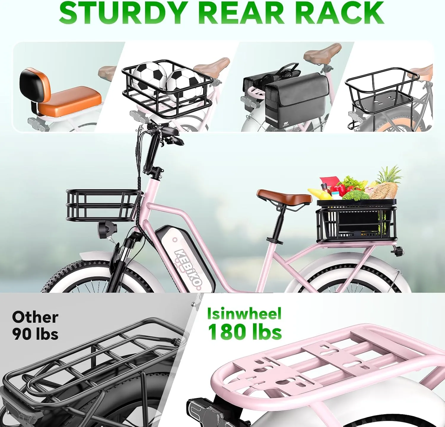2 Seater Electric Bike, 48V 20AH(𝟗𝟔𝟎𝐖𝐇) Large Removable Battery, 𝟏𝟑𝟎𝟎𝐖 Peak Motor, 20"x 4.0" Fat Tire Ebike for Adults, 80 Miles Max,30 MPH, City Couple E Bike,with Folding Basket