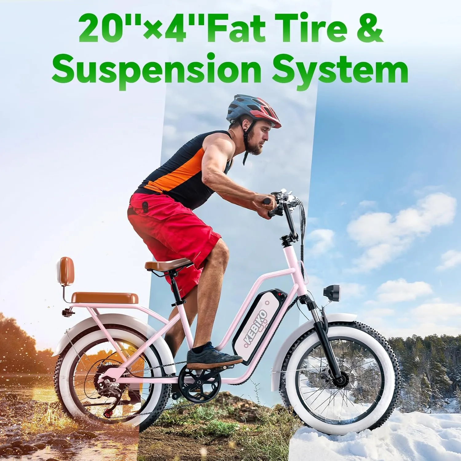 2 Seater Electric Bike, 48V 20AH(𝟗𝟔𝟎𝐖𝐇) Large Removable Battery, 𝟏𝟑𝟎𝟎𝐖 Peak Motor, 20"x 4.0" Fat Tire Ebike for Adults, 80 Miles Max,30 MPH, City Couple E Bike,with Folding Basket