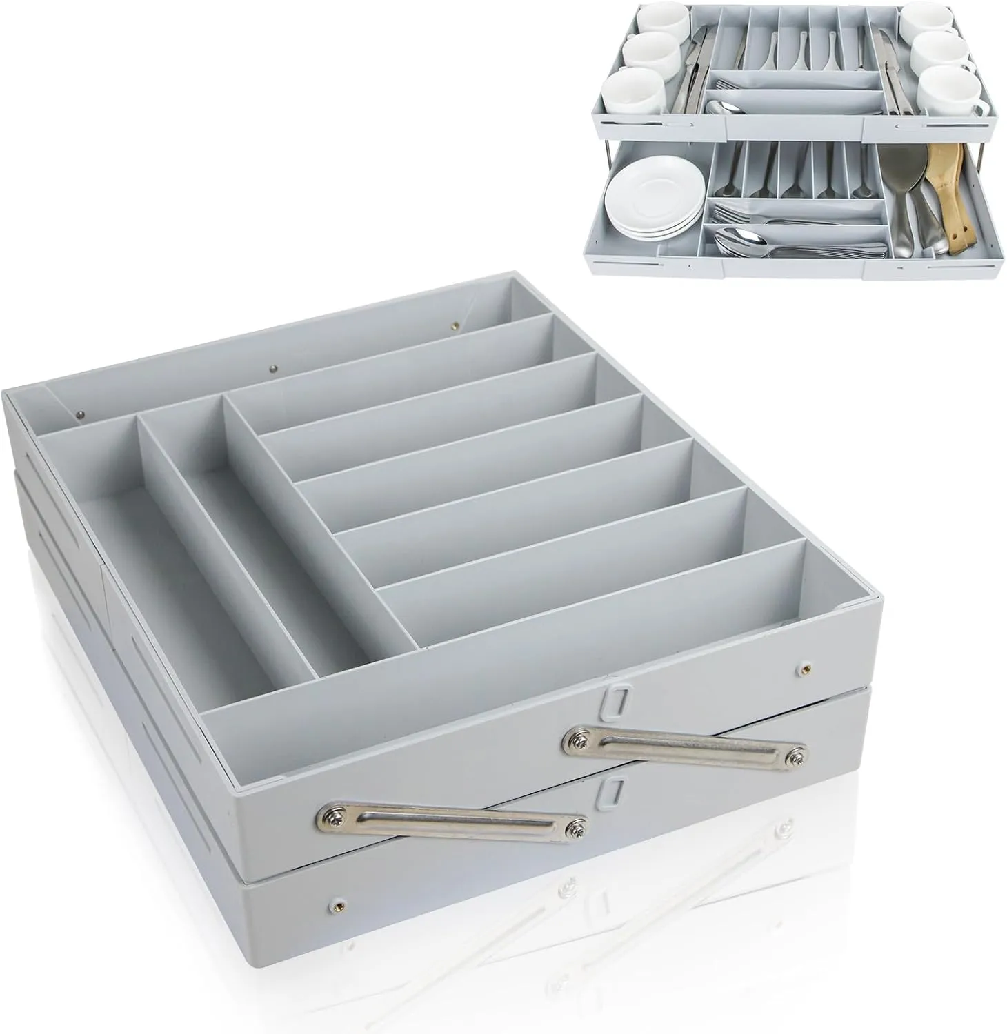2 Tier Drawer Organizer，Multi Level Stacking Folding Organizer，Foldable Collapsible Shallow Storage Drawers Tray Expandable, Multilevel Desk Space Organizer