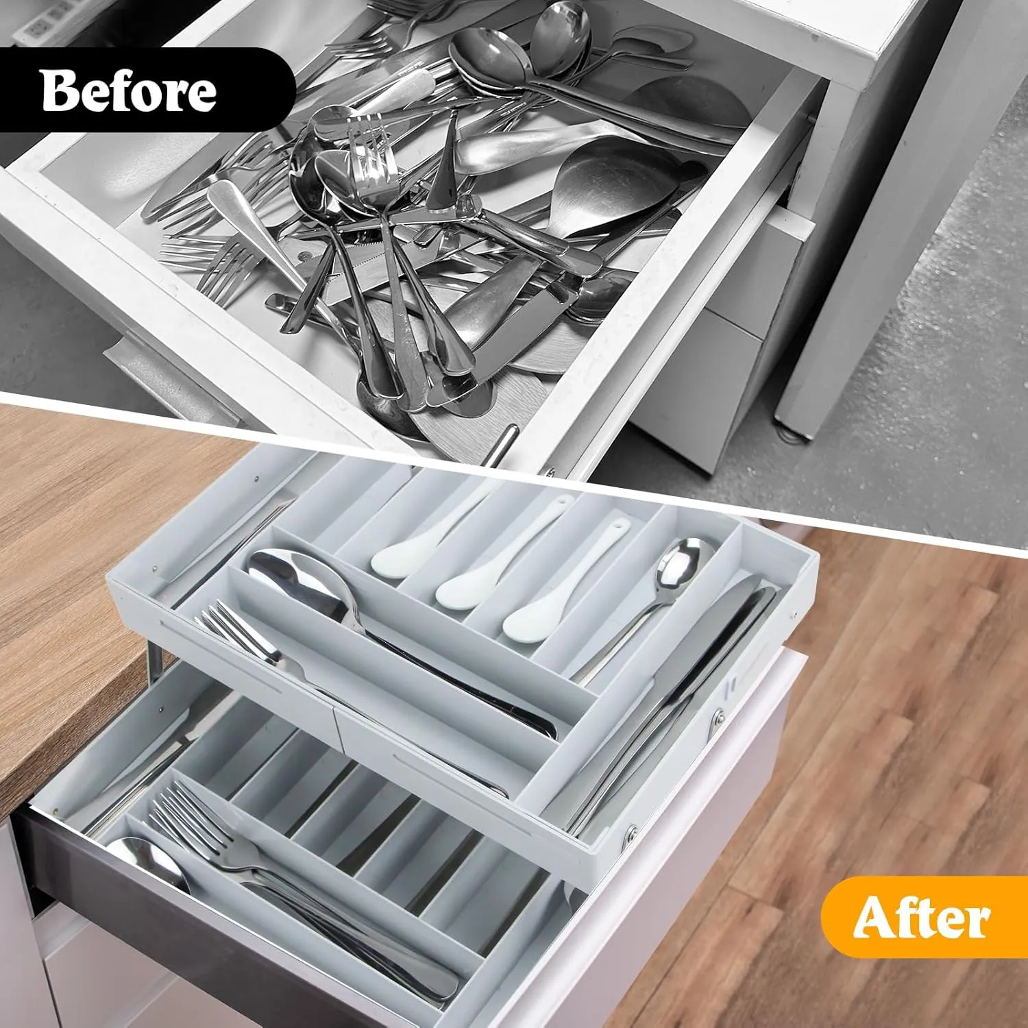 2 Tier Drawer Organizer，Multi Level Stacking Folding Organizer，Foldable Collapsible Shallow Storage Drawers Tray Expandable, Multilevel Desk Space Organizer