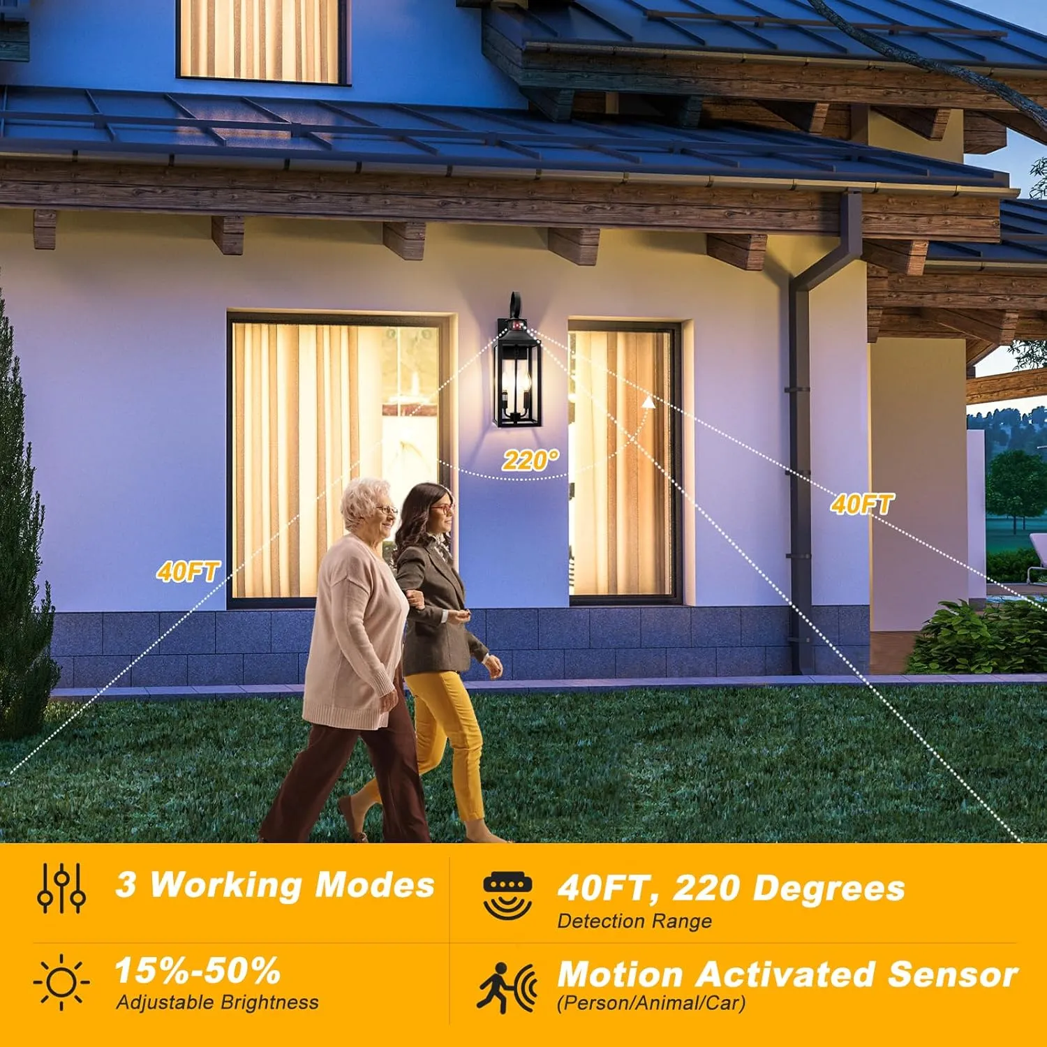 20" Black Motion Sensor Outdoor Light, Large Dusk to Dawn Outside Lighting Fixture, Exterior Farmhouse Wall Mount Porch Lantern, Waterproof Sconce Lamp for Outside Patio, 3 Modes/2-Light/1-Pack