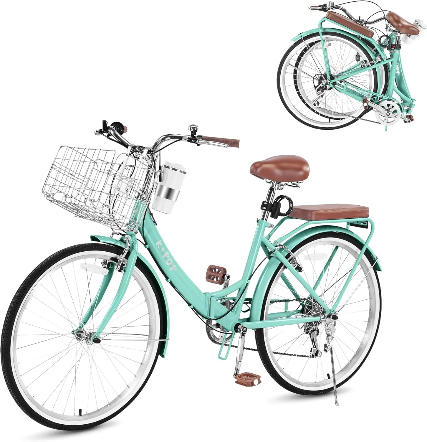 24/26 Inch Beach Cruiser Bike for Women Folding Bikes, 7-Speed Womens Bike with Basket and Coffee Cup, Womens Foldable Bicycle Commuter Bikes for Adults, Adjustable Seat & Dual V-Type Brakes