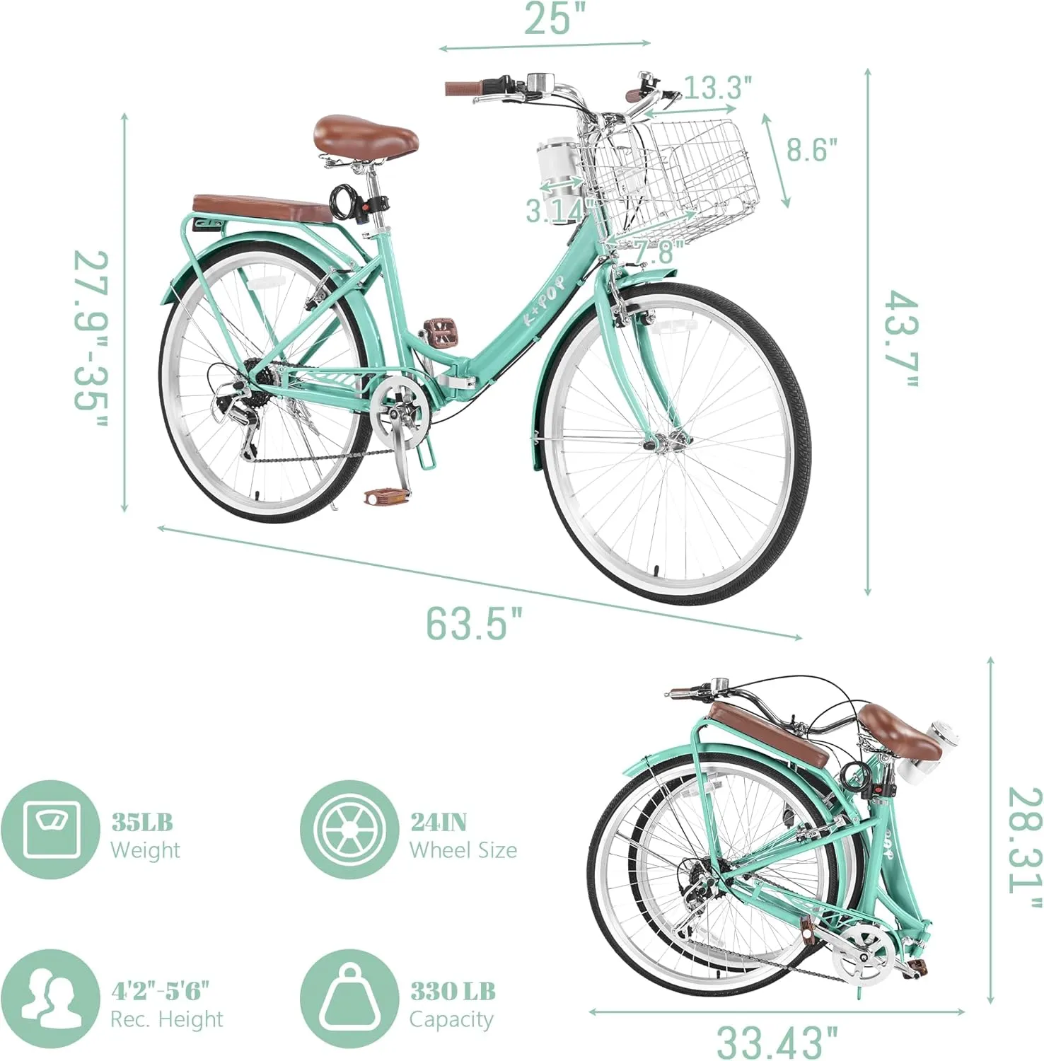 24/26 Inch Beach Cruiser Bike for Women Folding Bikes, 7-Speed Womens Bike with Basket and Coffee Cup, Womens Foldable Bicycle Commuter Bikes for Adults, Adjustable Seat & Dual V-Type Brakes