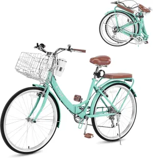24/26 Inch Beach Cruiser Bike for Women Folding Bikes, 7-Speed Womens Bike with Basket and Coffee Cup, Womens Foldable Bicycle Commuter Bikes for Adults, Adjustable Seat & Dual V-Type Brakes