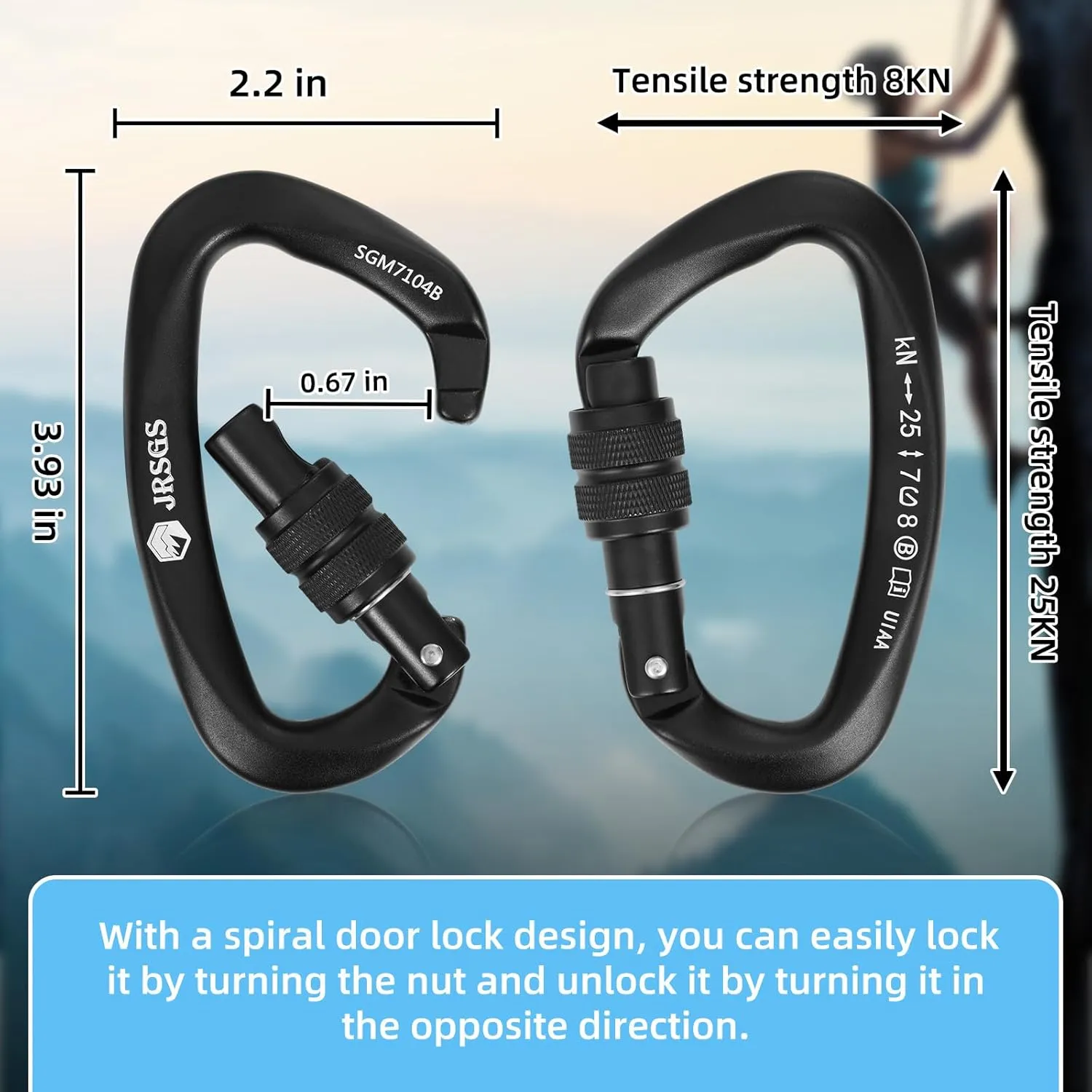 25KN Locking Climbing Carabiner Clips, UlAA Certified Rockclimbing Carabiner,Heavy Duty Carabiners Equipment,Large SizeCarabiner for Climbing, Rappelling,Hunting and Rescue