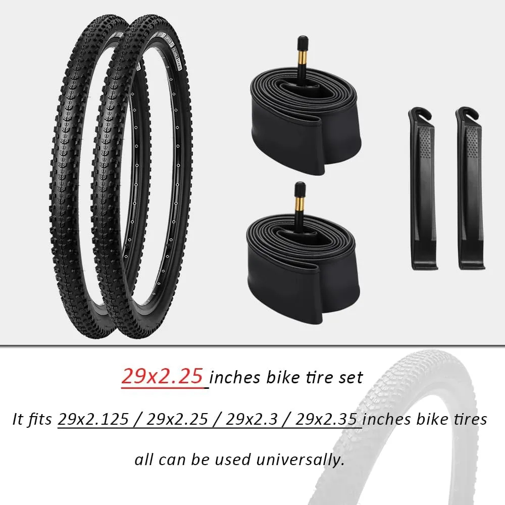 26/27.5/29x2.25 inch Mountain Bike Tire Set 2 Pack 26/27.5/29x2.25 Mountain Bicycle Tires 60TPI Kevlar Foldable and Pair 26/27.5/29 inch Bike Inner Tubes with 2 Pcs Tire Levers