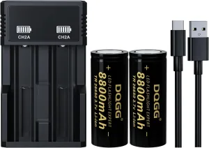 26650 Rechargeable Battery 3.7Volt Li Batteries 8800mAh High Capacity Flat Top for Flashlight Headlamp(2 Pack,26650 Battery Charger)