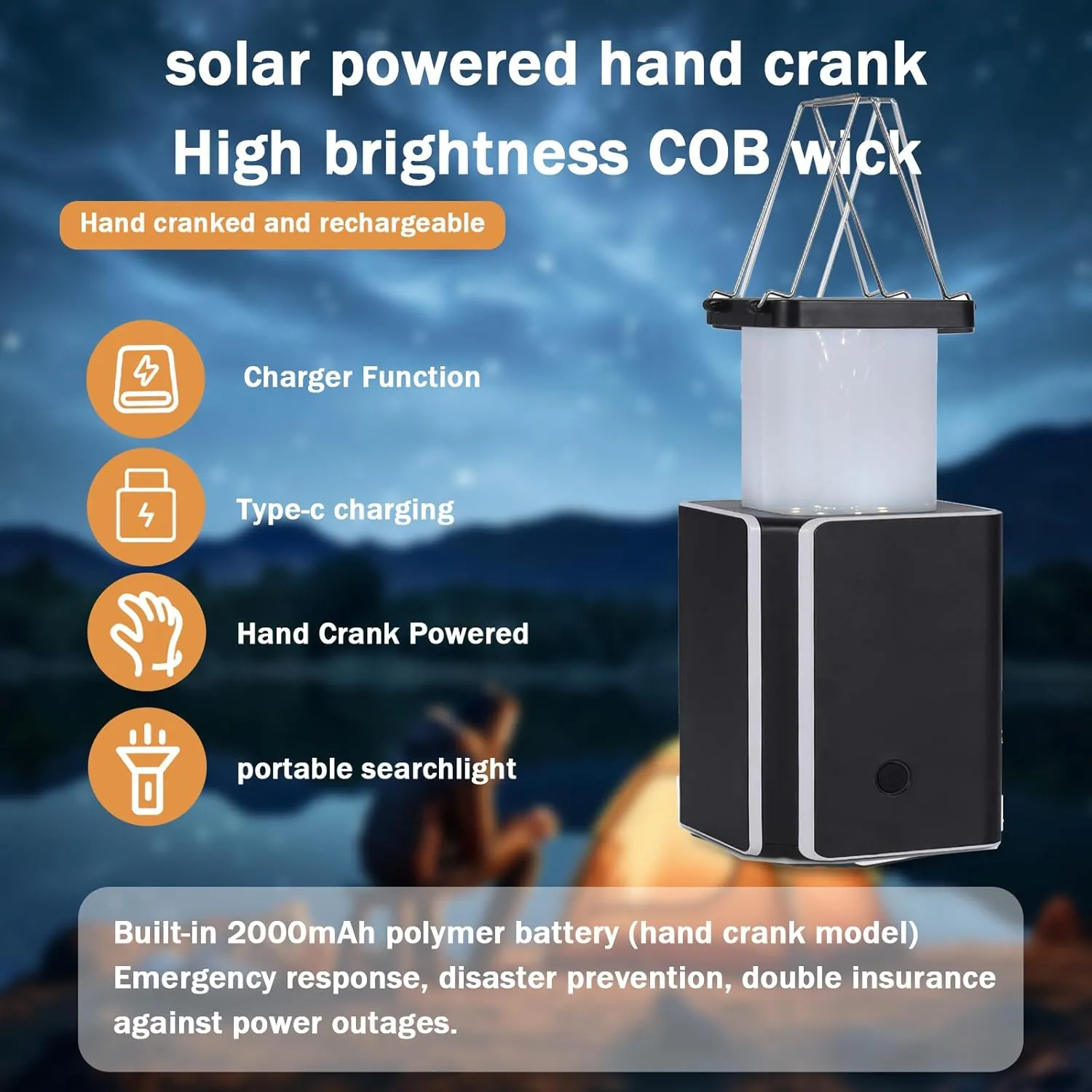 2Pack Solar LED Rechargeable Emergency Camping Lantern,Wram White Solar Rechargeable,Rechargeable Type C,Emergency Lights Hand-Crank Power Generation,Phone Power Supply Function,flashlights
