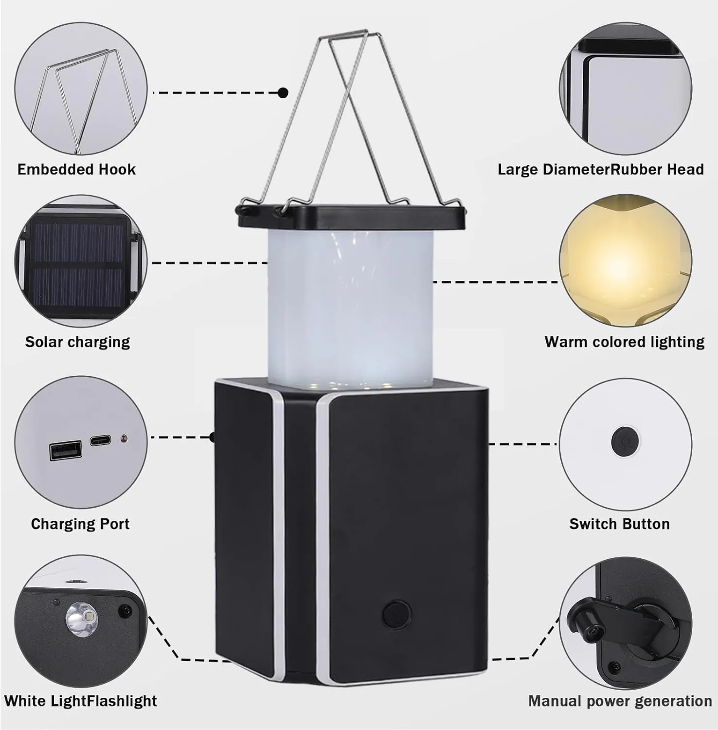 2Pack Solar LED Rechargeable Emergency Camping Lantern,Wram White Solar Rechargeable,Rechargeable Type C,Emergency Lights Hand-Crank Power Generation,Phone Power Supply Function,flashlights
