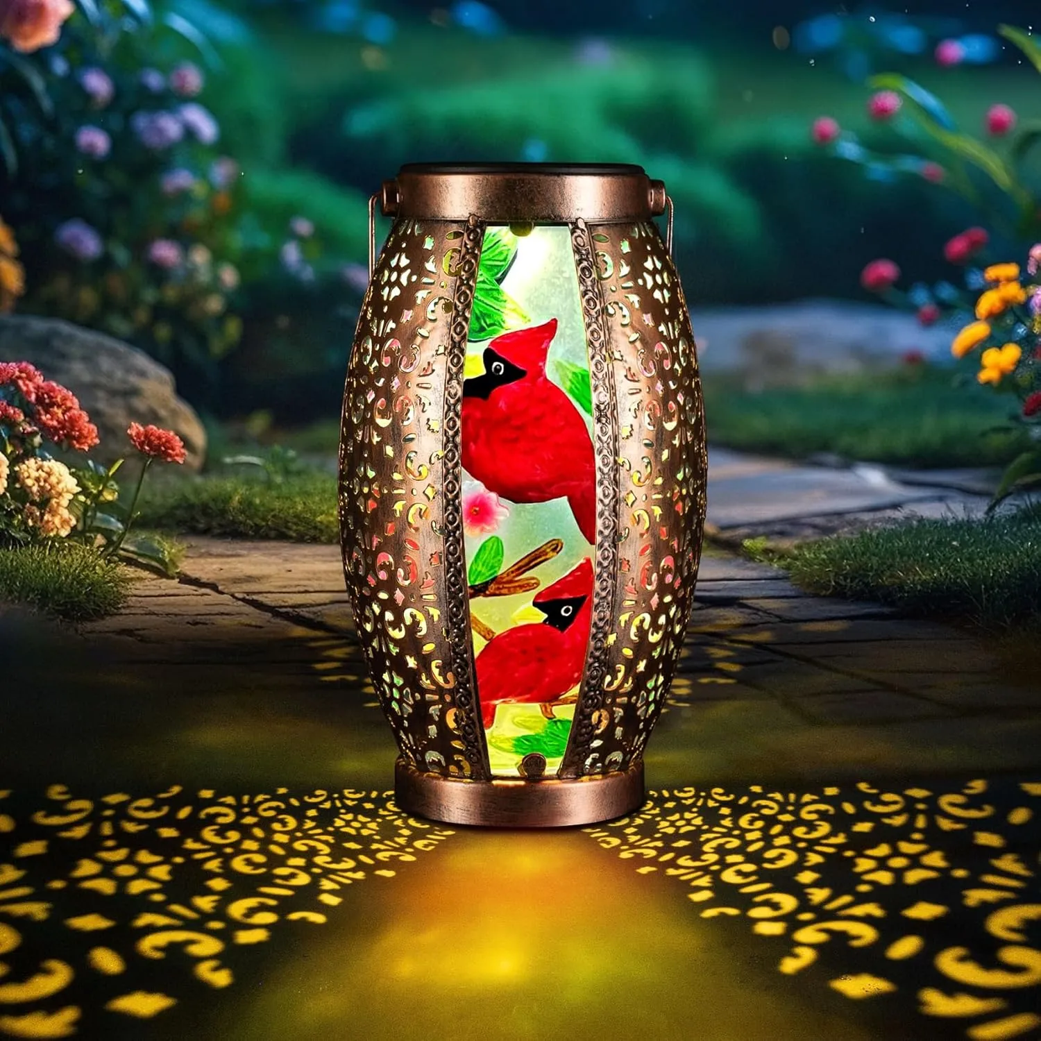 2PC Solar Lantern Outdoor Waterproof Glass & Metal Garden Decor Gifts for Women Mom Grandma Large Hanging Solar Light Tabletop Lamp for Yard, Patio, Porch (Cardinal)
