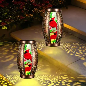 2PC Solar Lantern Outdoor Waterproof Glass & Metal Garden Decor Gifts for Women Mom Grandma Large Hanging Solar Light Tabletop Lamp for Yard, Patio, Porch (Cardinal)