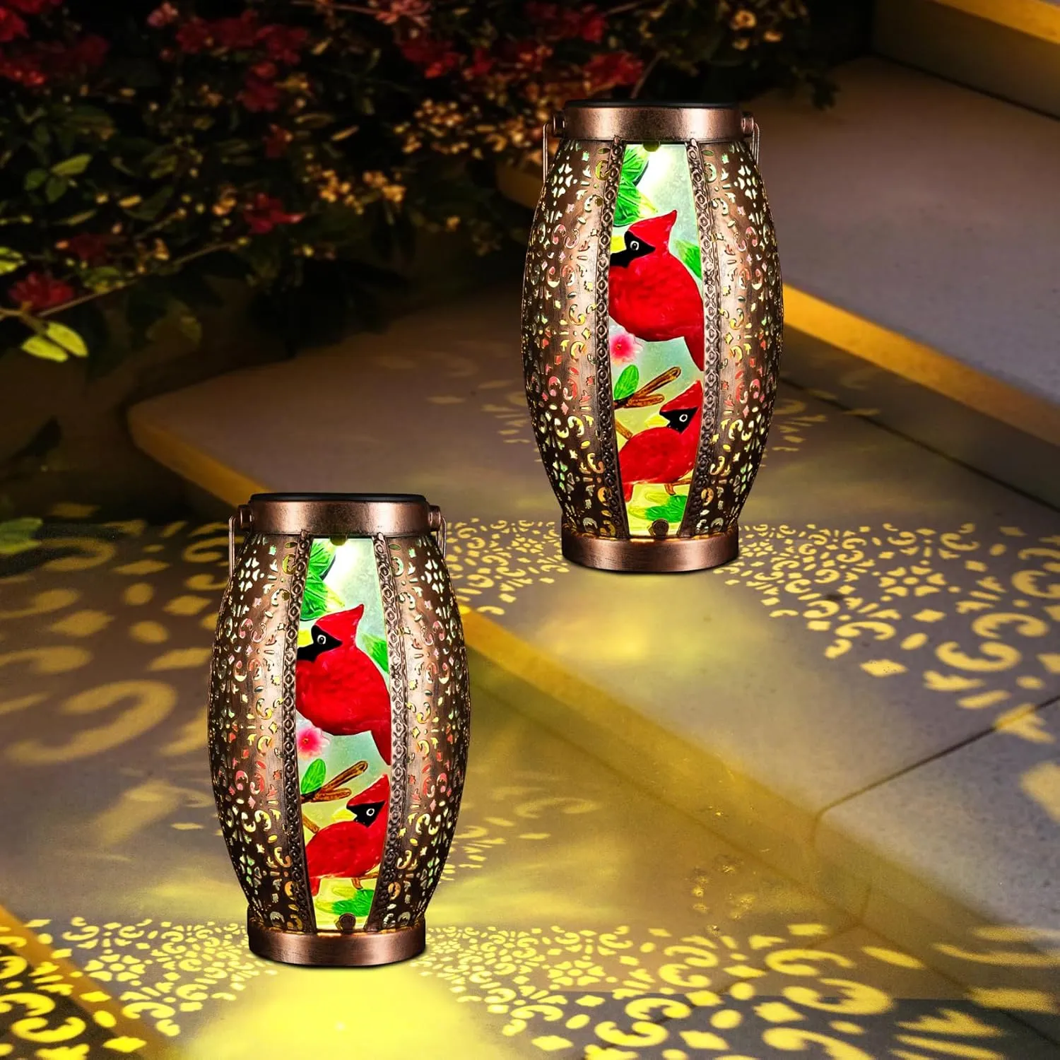 2PC Solar Lantern Outdoor Waterproof Glass & Metal Garden Decor Gifts for Women Mom Grandma Large Hanging Solar Light Tabletop Lamp for Yard, Patio, Porch (Cardinal)