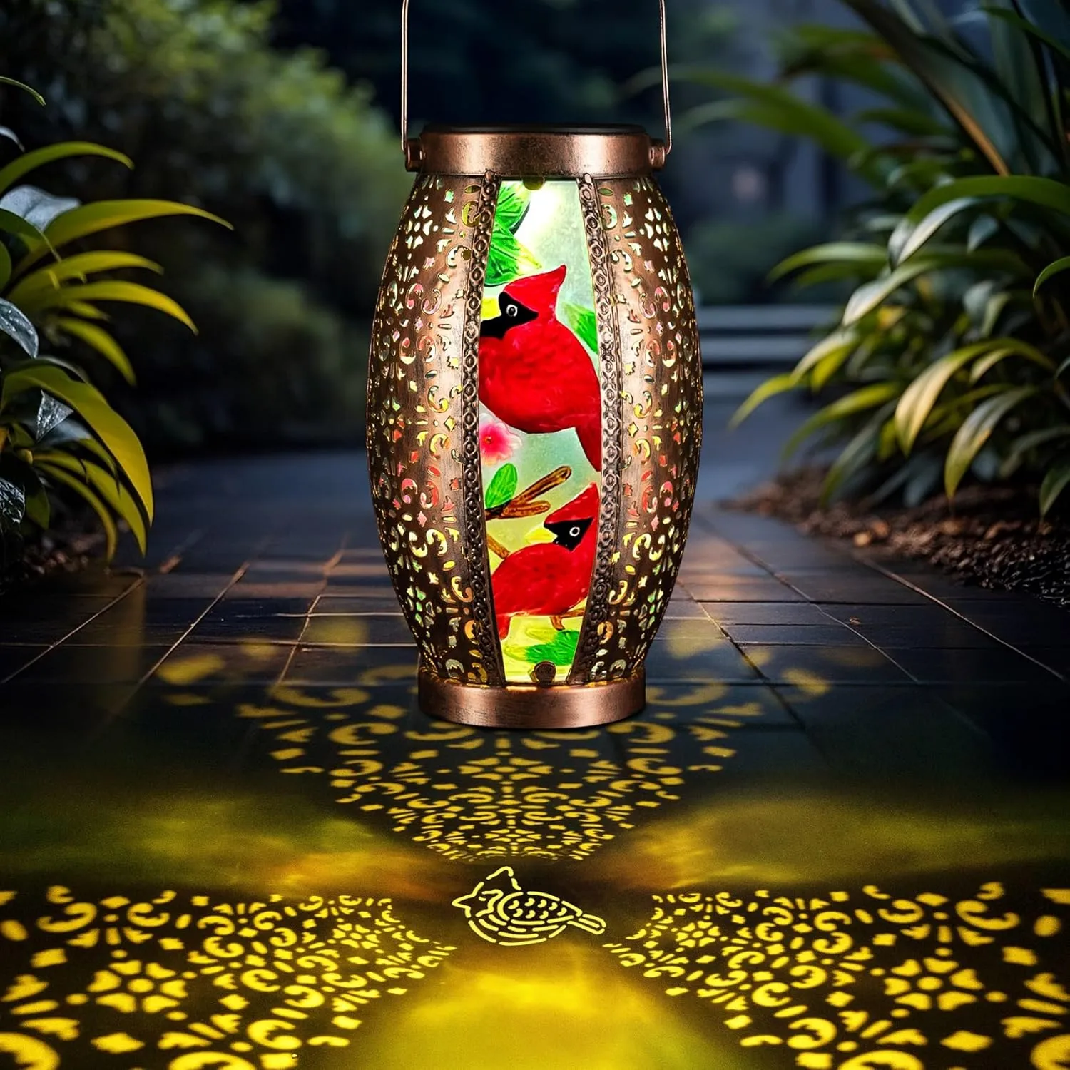 2PC Solar Lantern Outdoor Waterproof Glass & Metal Garden Decor Gifts for Women Mom Grandma Large Hanging Solar Light Tabletop Lamp for Yard, Patio, Porch (Cardinal)
