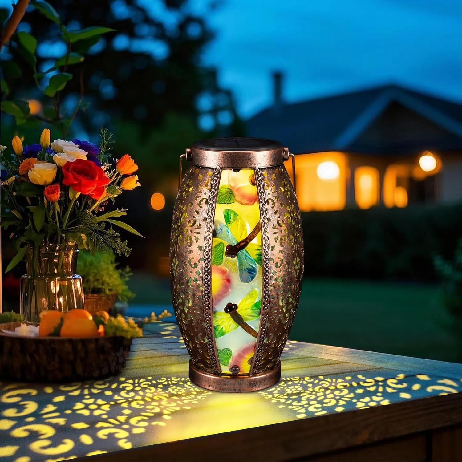 2PC Solar Lantern Outdoor Waterproof Glass & Metal Garden Decor Gifts for Women Mom Grandma Large Hanging Solar Light Tabletop Lamp for Yard, Patio, Porch (Dragonfly)