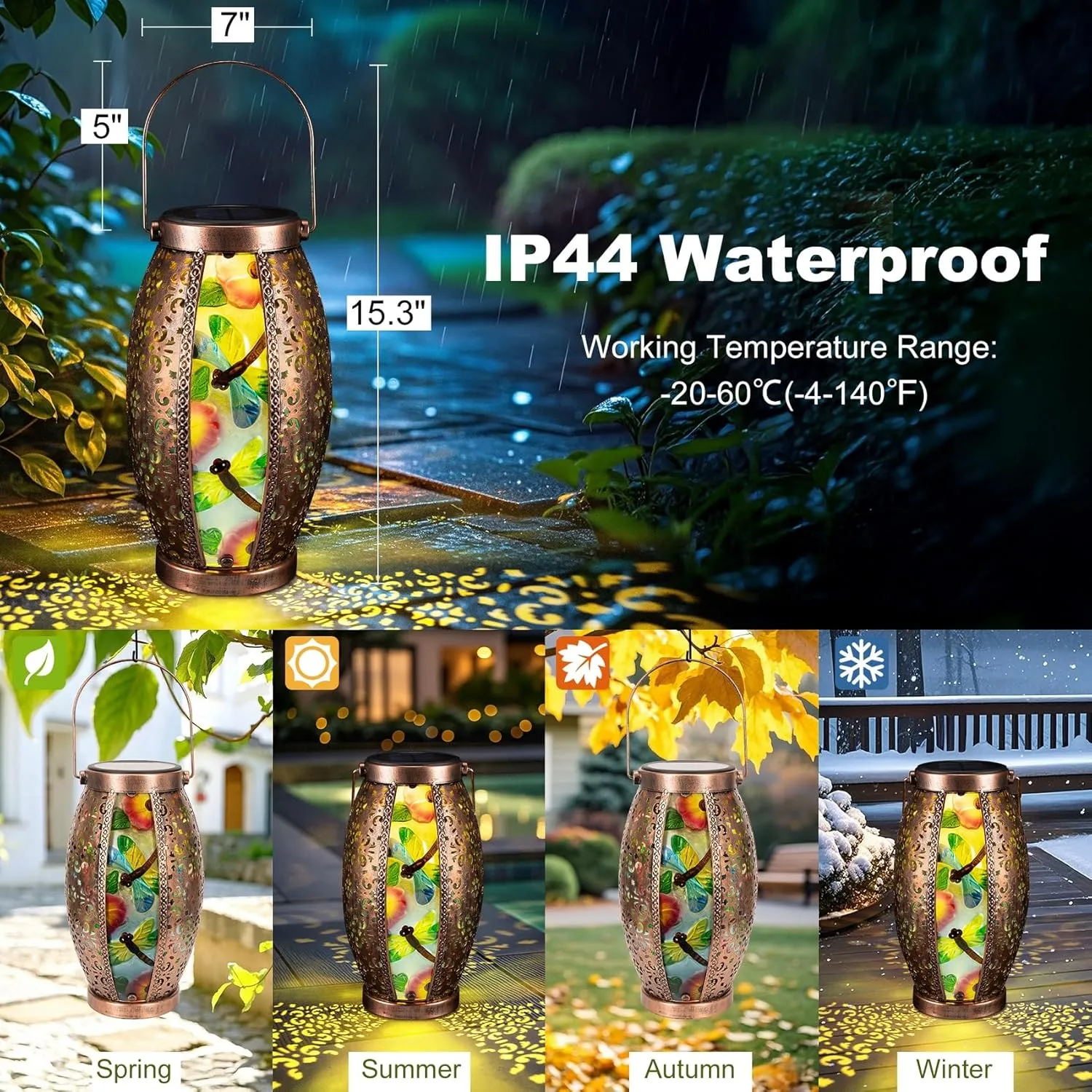 2PC Solar Lantern Outdoor Waterproof Glass & Metal Garden Decor Gifts for Women Mom Grandma Large Hanging Solar Light Tabletop Lamp for Yard, Patio, Porch (Dragonfly)