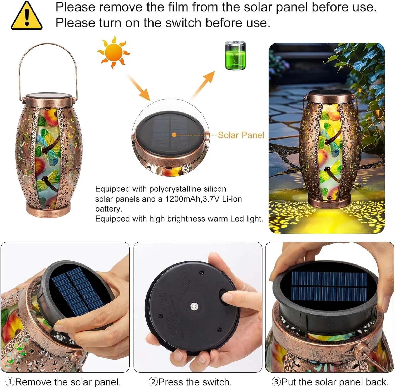 2PC Solar Lantern Outdoor Waterproof Glass & Metal Garden Decor Gifts for Women Mom Grandma Large Hanging Solar Light Tabletop Lamp for Yard, Patio, Porch (Dragonfly)
