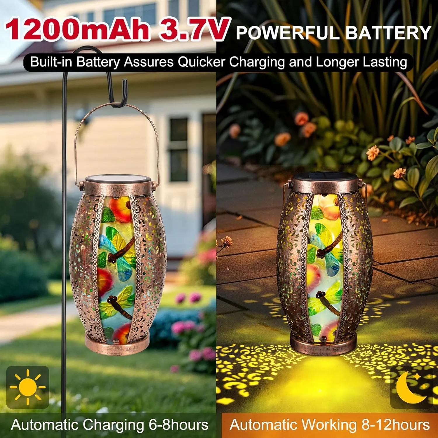 2PC Solar Lantern Outdoor Waterproof Glass & Metal Garden Decor Gifts for Women Mom Grandma Large Hanging Solar Light Tabletop Lamp for Yard, Patio, Porch (Dragonfly)