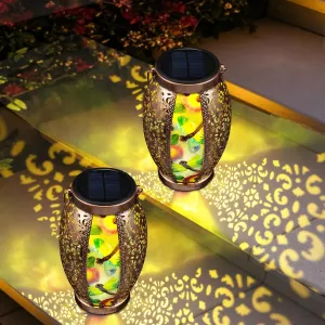 2PC Solar Lantern Outdoor Waterproof Glass & Metal Garden Decor Gifts for Women Mom Grandma Large Hanging Solar Light Tabletop Lamp for Yard, Patio, Porch (Dragonfly)