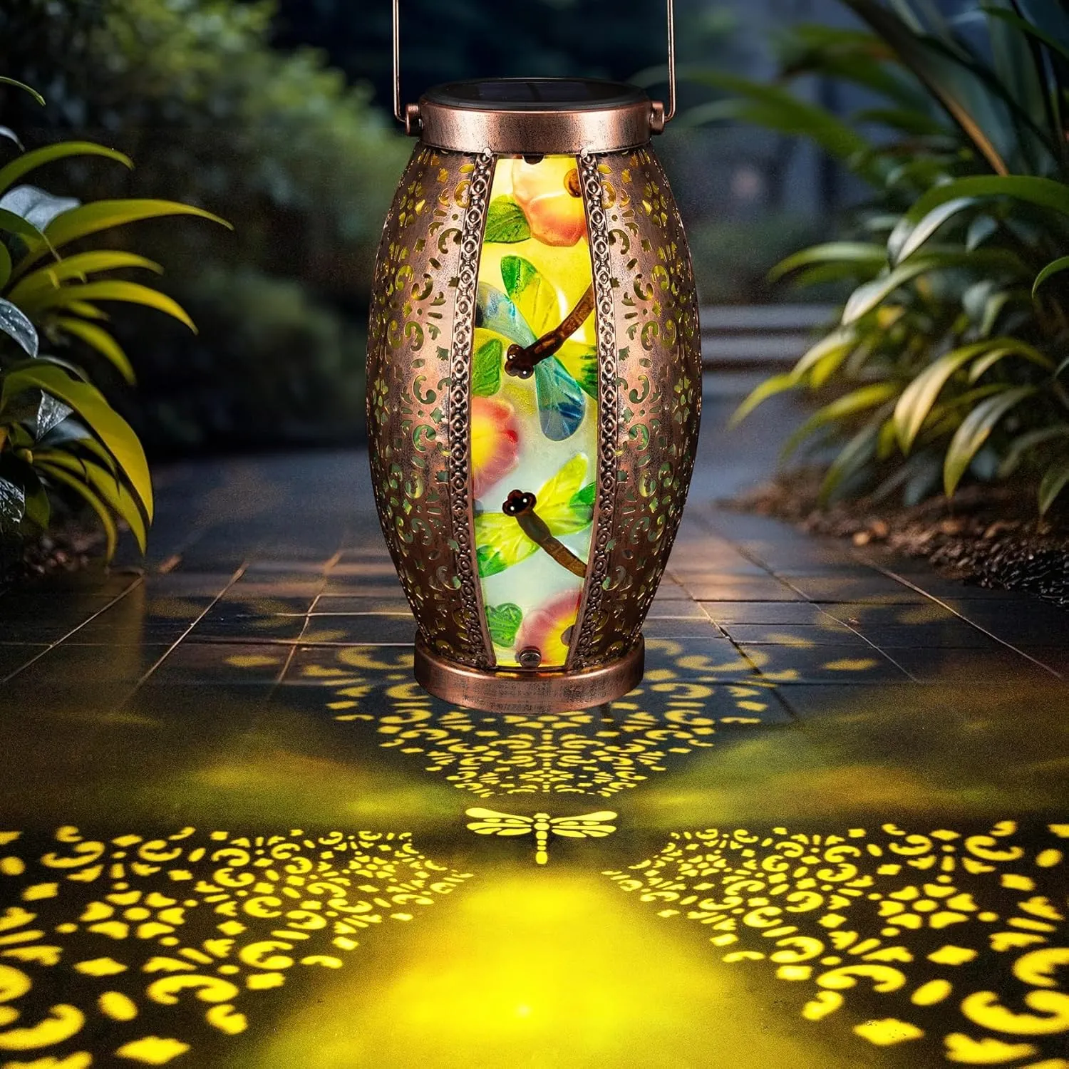 2PC Solar Lantern Outdoor Waterproof Glass & Metal Garden Decor Gifts for Women Mom Grandma Large Hanging Solar Light Tabletop Lamp for Yard, Patio, Porch (Dragonfly)