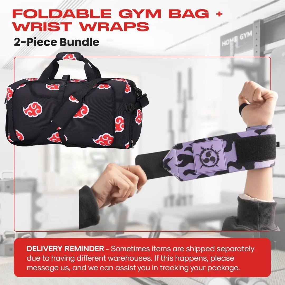 2pcs Anime Gym Bag for Women Men and Wrist Wrap Set - Foldable 55L Large Workout Duffle Bag with Shoe Compartment, 24" Lifting Straps Weightlifting, Powerlifting, and Improve Workout (Purplecm)