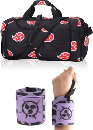 2pcs Anime Gym Bag for Women Men and Wrist Wrap Set - Foldable 55L Large Workout Duffle Bag with Shoe Compartment, 24" Lifting Straps Weightlifting, Powerlifting, and Improve Workout (Purplecm)