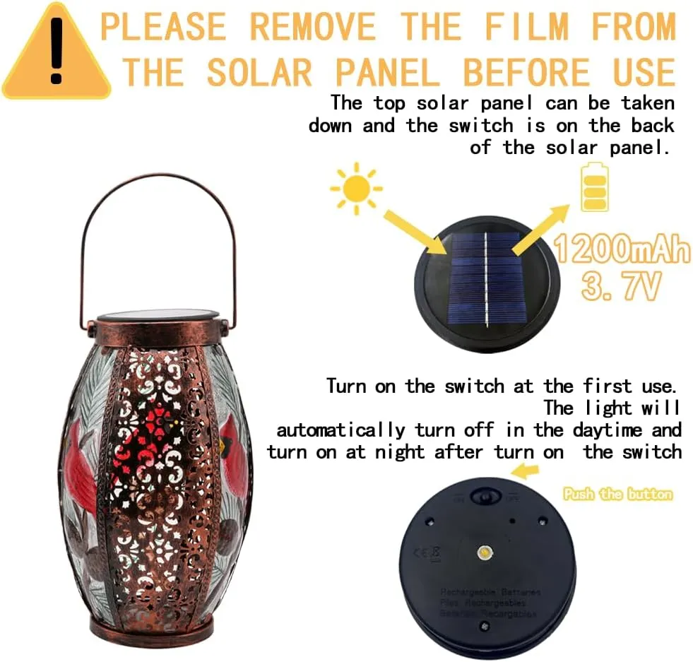 2PCS Cardinal Solar Lanterns Glass & Metal Hanging Light Outdoor Waterproof 16" H Tabletop Lamp with Hollowed-Out Design with Shepherd's Hooks for Garden Patio Table Decor