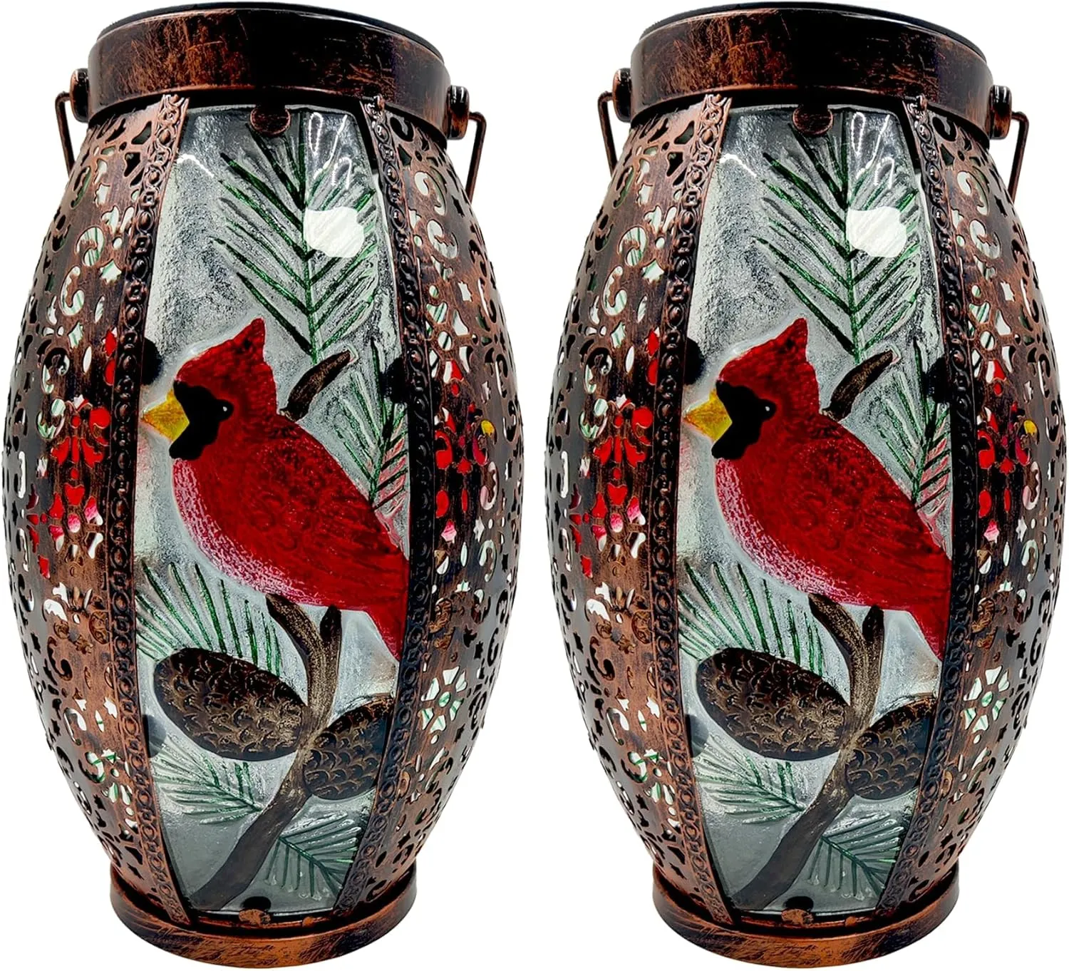 2PCS Cardinal Solar Lanterns Glass & Metal Hanging Light Outdoor Waterproof 16" H Tabletop Lamp with Hollowed-Out Design with Shepherd's Hooks for Garden Patio Table Decor