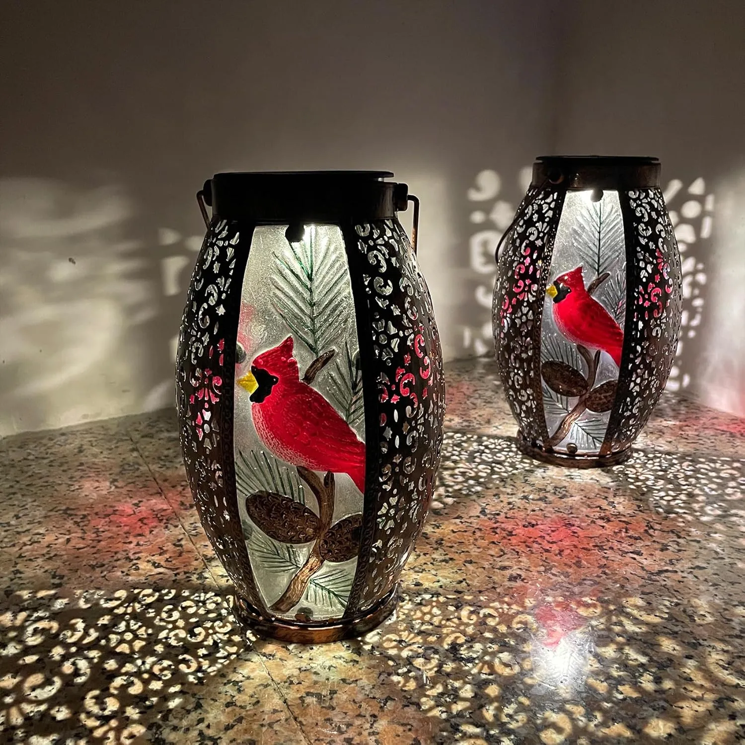 2PCS Cardinal Solar Lanterns Glass & Metal Hanging Light Outdoor Waterproof 16" H Tabletop Lamp with Hollowed-Out Design with Shepherd's Hooks for Garden Patio Table Decor