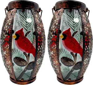 2PCS Cardinal Solar Lanterns Glass & Metal Hanging Light Outdoor Waterproof 16" H Tabletop Lamp with Hollowed-Out Design with Shepherd's Hooks for Garden Patio Table Decor
