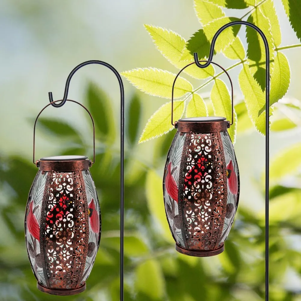 2PCS Cardinal Solar Lanterns Glass & Metal Hanging Light Outdoor Waterproof 16" H Tabletop Lamp with Hollowed-Out Design with Shepherd's Hooks for Garden Patio Table Decor