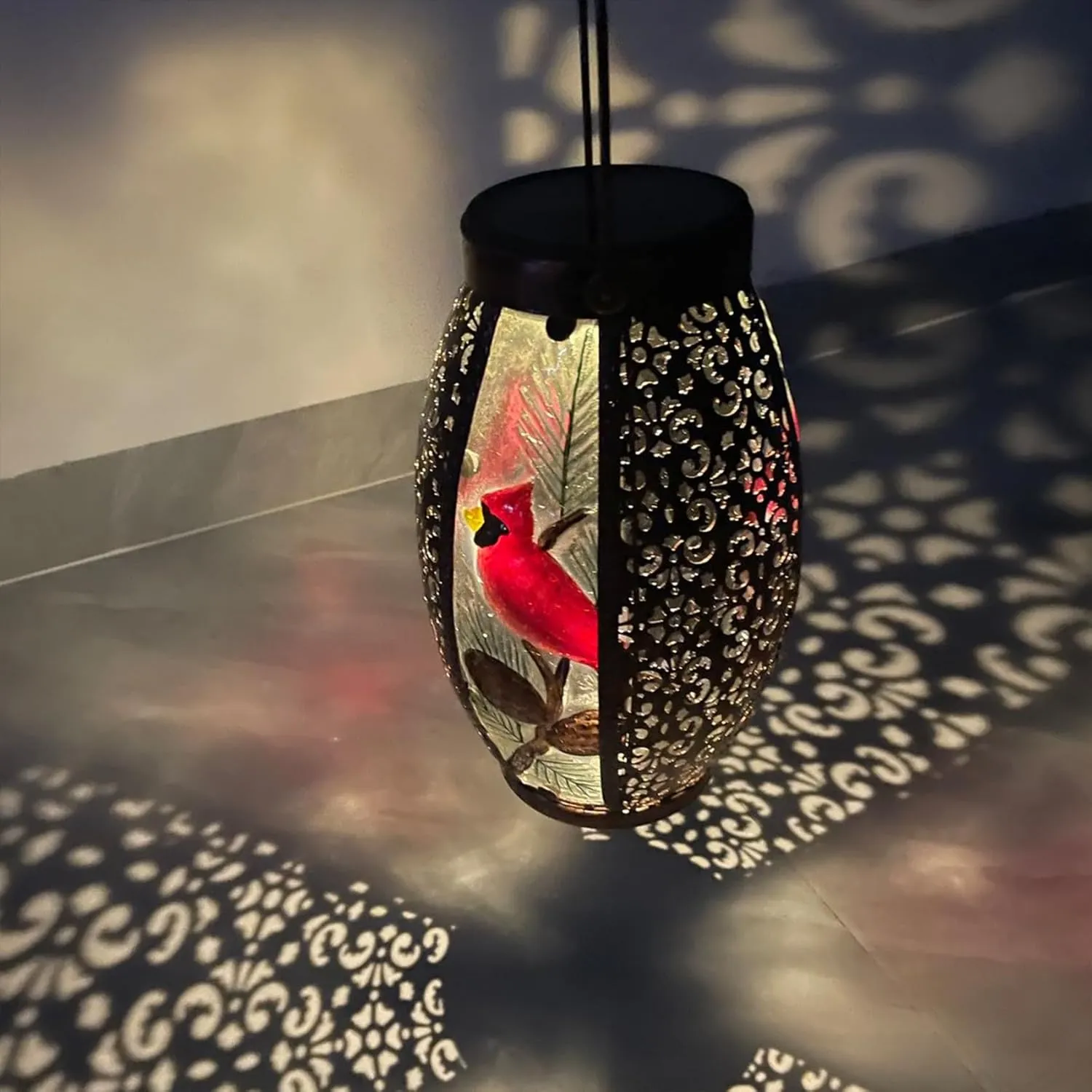 2PCS Cardinal Solar Lanterns Glass & Metal Hanging Light Outdoor Waterproof 16" H Tabletop Lamp with Hollowed-Out Design with Shepherd's Hooks for Garden Patio Table Decor