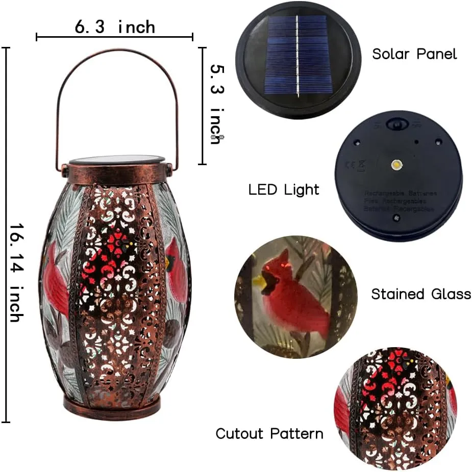 2PCS Cardinal Solar Lanterns Glass & Metal Hanging Light Outdoor Waterproof 16" H Tabletop Lamp with Hollowed-Out Design with Shepherd's Hooks for Garden Patio Table Decor