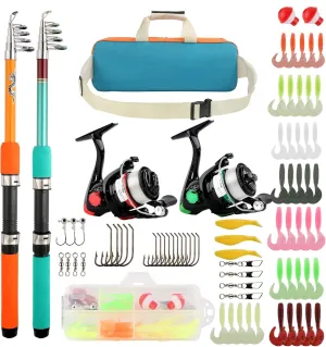 2PCS Fishing Rod Reel Combo 5.9FT Telescopic Fishing Pole Spinning Reel with Baits Hooks Storage Bag Compact Collapsible Fishing Pole Starter Kit for Kids Youth Adults Travel Fishing Gear