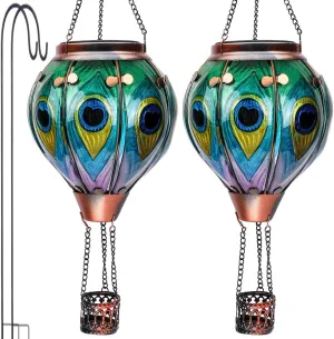 2PCS Glass Hot Air Balloon Solar Lanterns with Flickering Flame, Hanging Light Outdoor Waterproof with Shepherd's Hooks for Garden Yard Decor, 18" H Peacock Feather