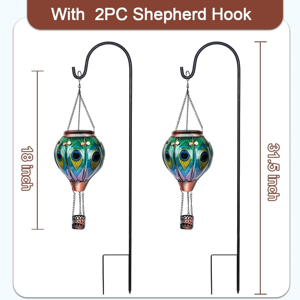 2PCS Glass Hot Air Balloon Solar Lanterns with Flickering Flame, Hanging Light Outdoor Waterproof with Shepherd's Hooks for Garden Yard Decor, 18" H Peacock Feather