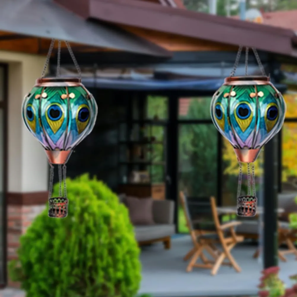 2PCS Glass Hot Air Balloon Solar Lanterns with Flickering Flame, Hanging Light Outdoor Waterproof with Shepherd's Hooks for Garden Yard Decor, 18" H Peacock Feather