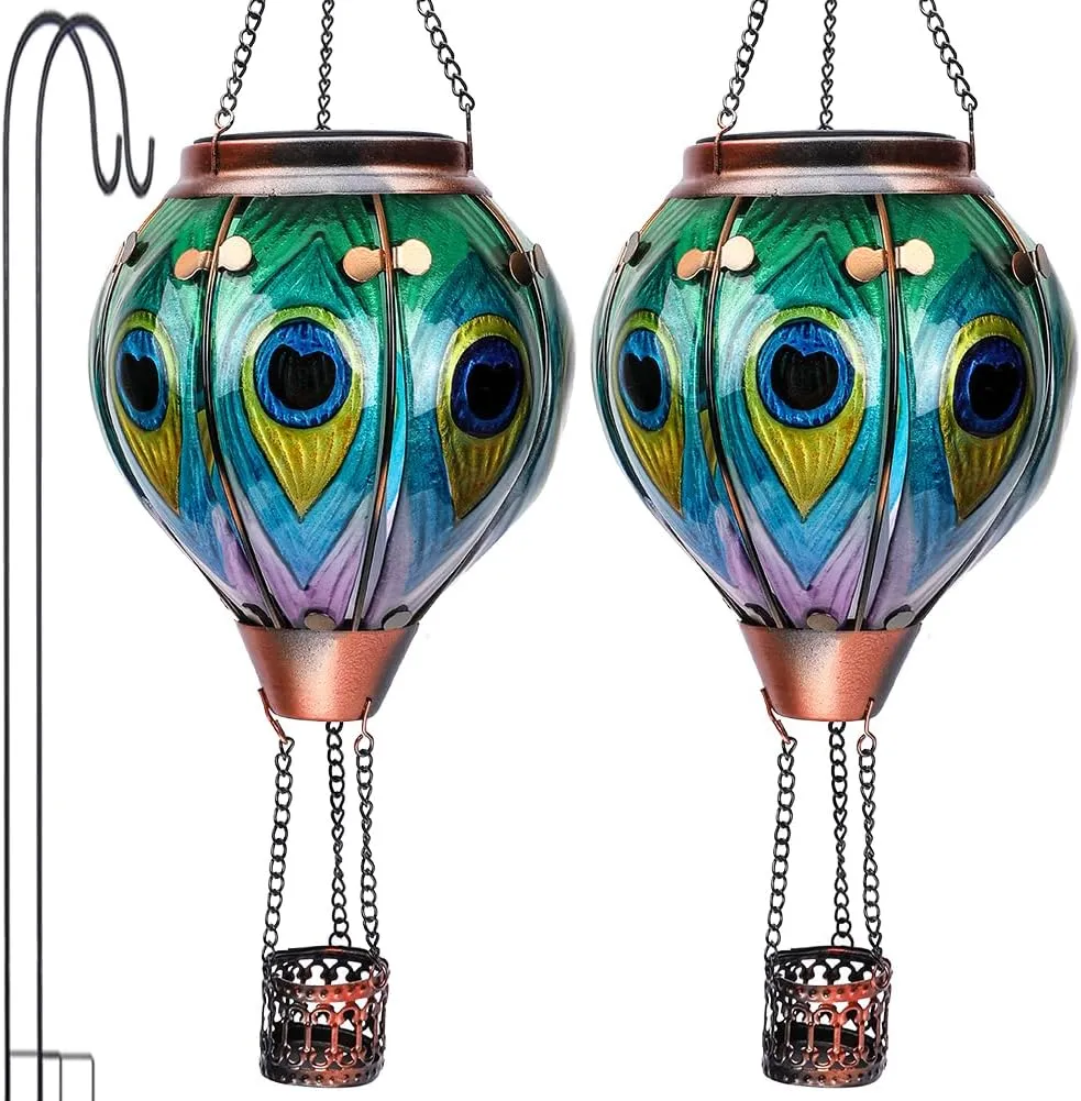 2PCS Glass Hot Air Balloon Solar Lanterns with Flickering Flame, Hanging Light Outdoor Waterproof with Shepherd's Hooks for Garden Yard Decor, 18" H Peacock Feather