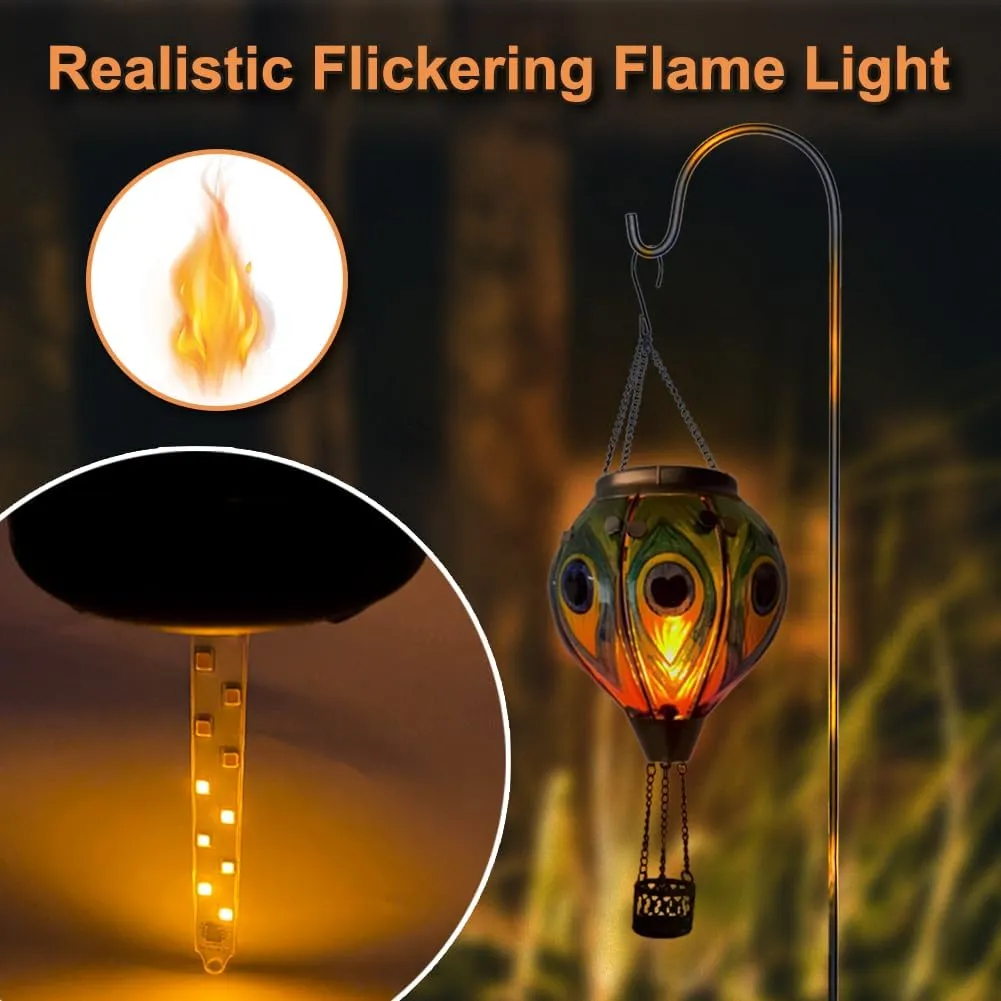 2PCS Glass Hot Air Balloon Solar Lanterns with Flickering Flame, Hanging Light Outdoor Waterproof with Shepherd's Hooks for Garden Yard Decor, 18" H Peacock Feather