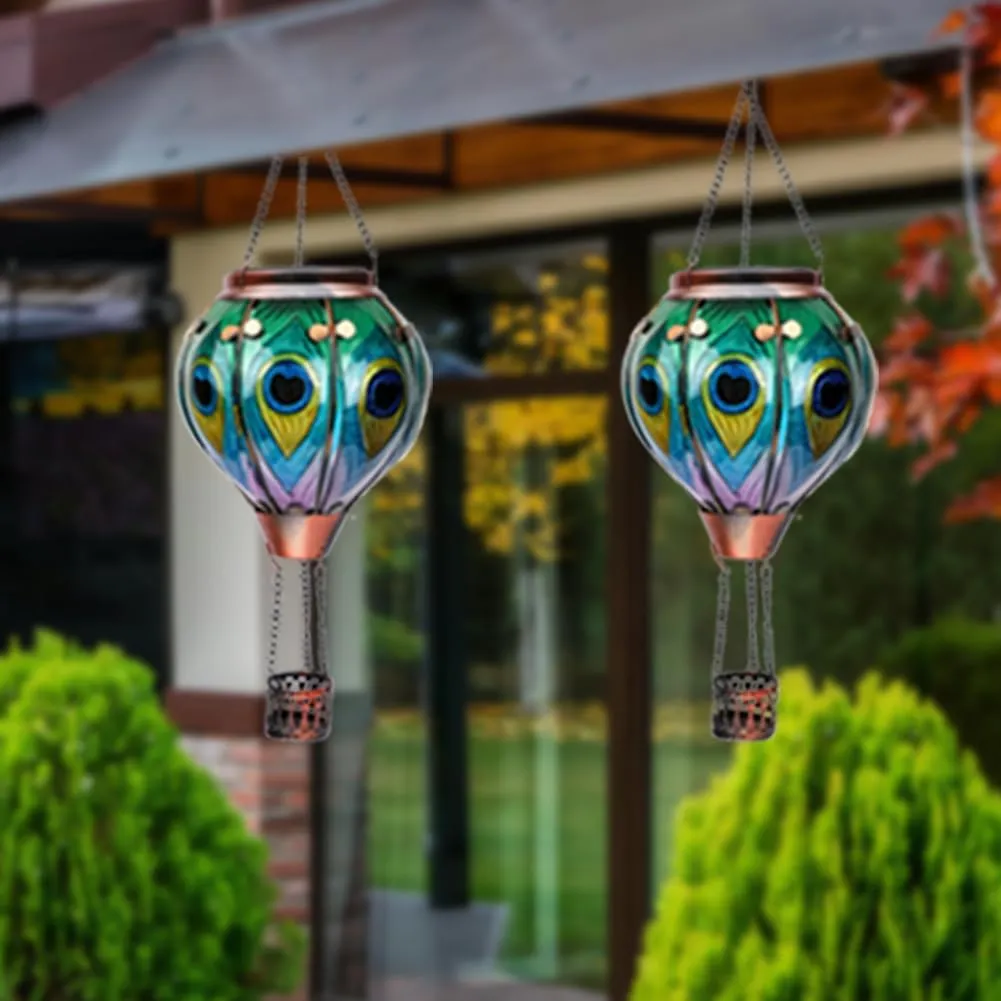 2PCS Glass Hot Air Balloon Solar Lanterns with Flickering Flame, Hanging Light Outdoor Waterproof with Shepherd's Hooks for Garden Yard Decor, 18" H Peacock Feather