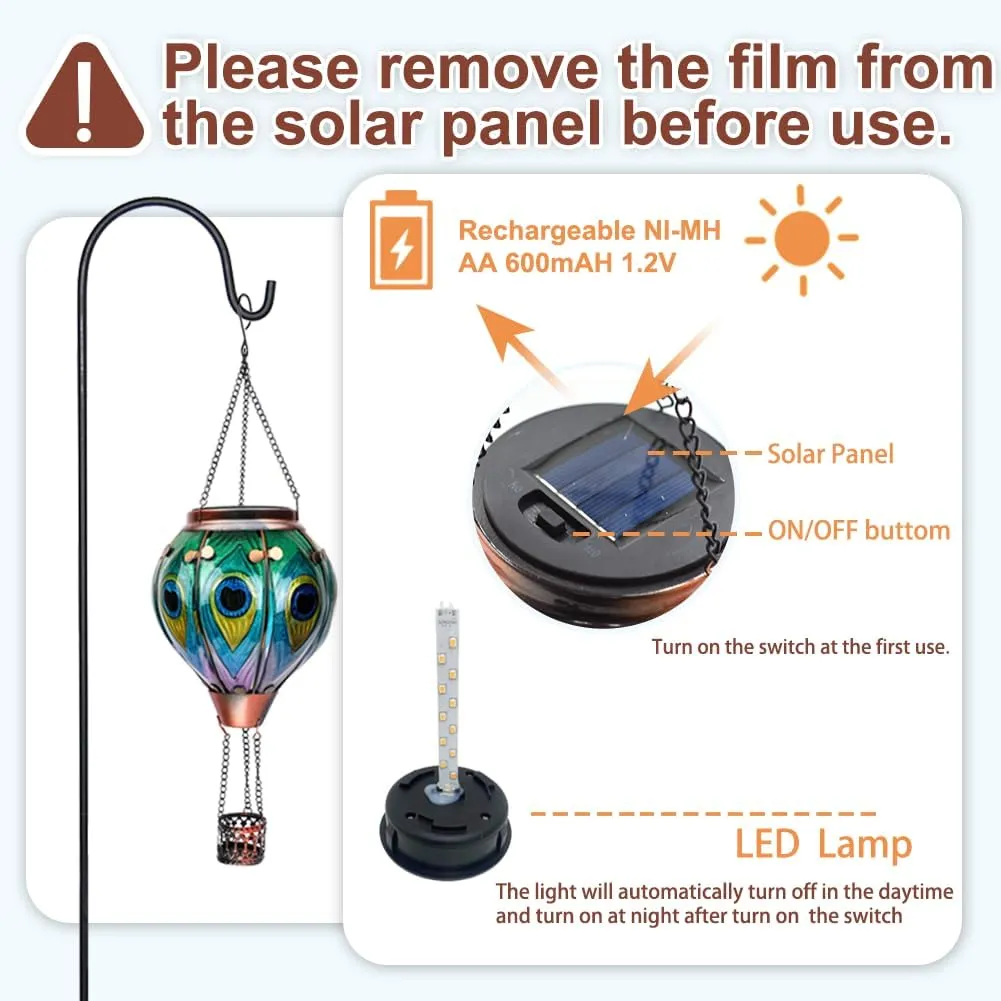 2PCS Glass Hot Air Balloon Solar Lanterns with Flickering Flame, Hanging Light Outdoor Waterproof with Shepherd's Hooks for Garden Yard Decor, 18" H Peacock Feather