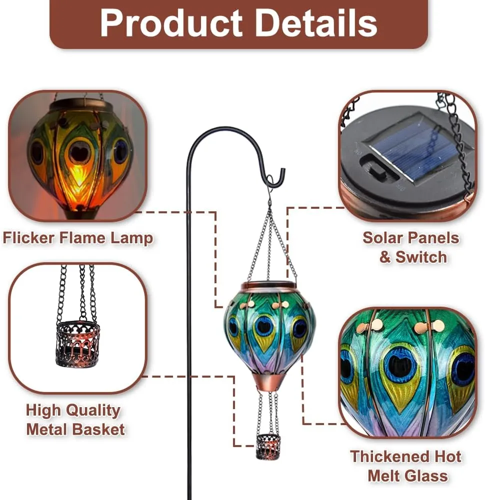 2PCS Glass Hot Air Balloon Solar Lanterns with Flickering Flame, Hanging Light Outdoor Waterproof with Shepherd's Hooks for Garden Yard Decor, 18" H Peacock Feather