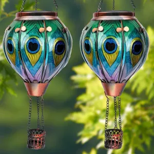2PCS Solar Hot Air Balloon Lanterns with Flame with Shepherd's Hooks, Glass Hanging Flickering Lights Outdoor Waterproof for Garden Tree Yard Patio Mother's Day Gift, 18" H Peacock Green