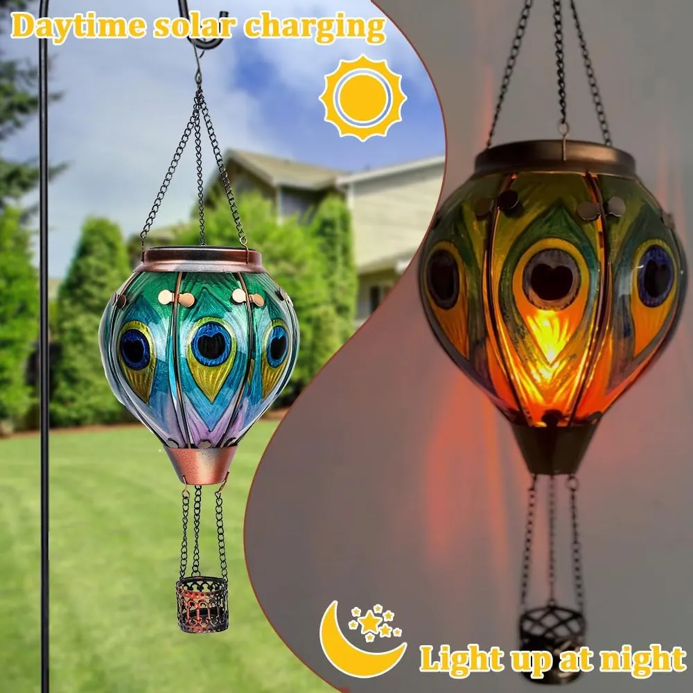 2PCS Solar Hot Air Balloon Lanterns with Flame with Shepherd's Hooks, Glass Hanging Flickering Lights Outdoor Waterproof for Garden Tree Yard Patio Mother's Day Gift, 18" H Peacock Green