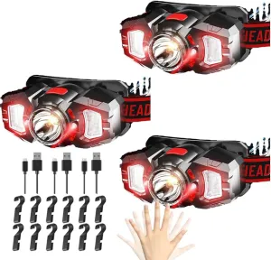 3 Headlamps, White&Red LED Headlamp, 70° Up&Down Adjustable, 4 Clips, Motion Switch, 800 Lumens, 500 Feet Distance and 10 Hours Running Time MAX, IPX5 Waterproof, for Camping, Hiking, Fishing